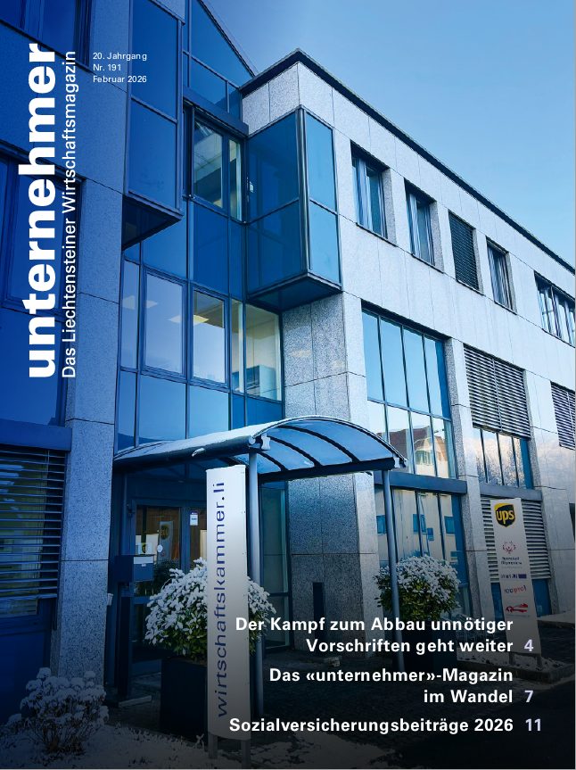 Moderne Bürogebäude auf der Cover von unternehmer - Wirtschaftsmagazin aus Liechtenstein.