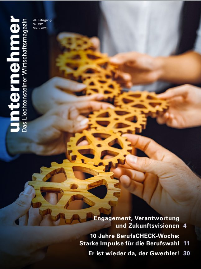 Unternehmer-Magazincover: Innovative Strategien, Verantwortung und Zukunftsvisionen für Unternehmer in Liechtenstein.