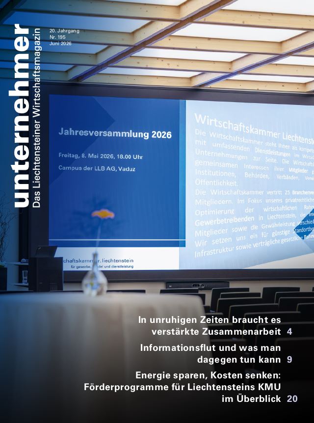 Unternehmer Magazin 2026: Jahresversammlung in Liechtenstein, aktuelle Wirtschaftsthemen und Zusammenarbeit.