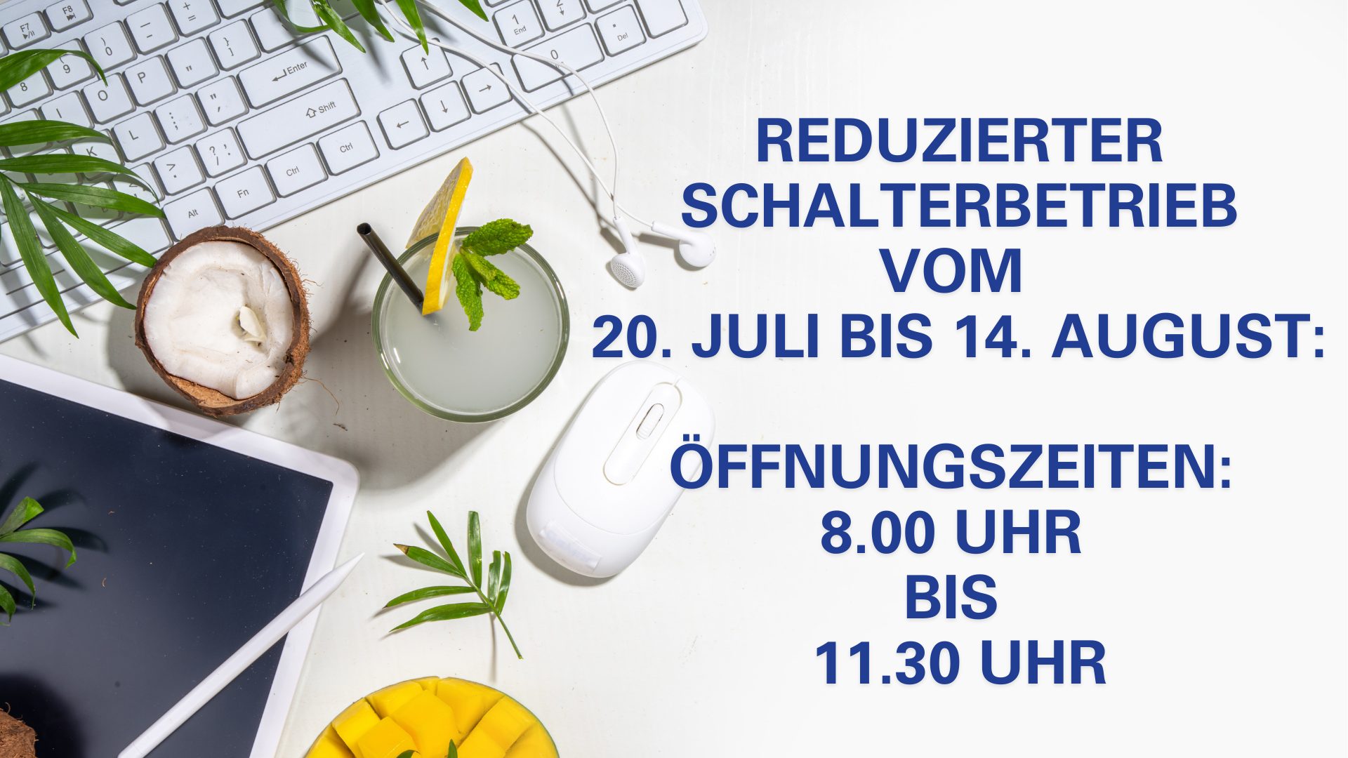 Moderner Arbeitsplatz mit Technologie, tropischen Elementen und wichtigen Öffnungszeiten.